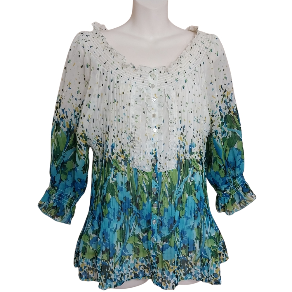 New York City Design Crystal Pleated Chiffon Floral Peasant Blouse with Camisole